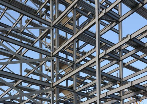 Structural steel framework for a new apartment block under construction.