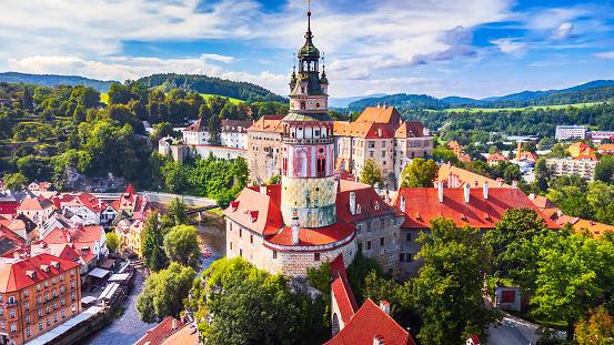 Landscape aerial photo of Mikulov, Moravia, Czech Republic. View from air, drone photography. Beautiful old architecture, picture of red rooftop, downtown district.