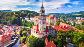 Cesky Krumlov, Czech Republic - Drone view of old town in Bohemia