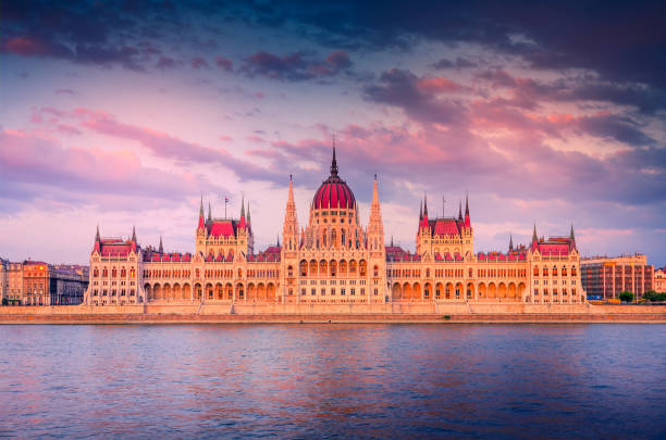 istock Budapest, Hungary. Colored sunset sky over Danube River and Hungarian Parliament 1470485795