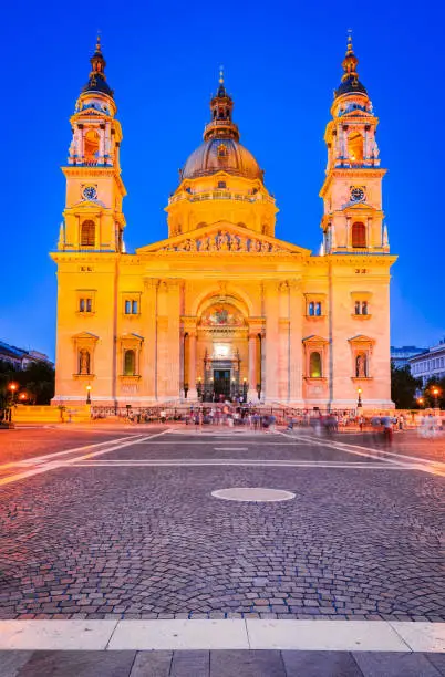 Photo of Budapest, Hungary. Night illuminated St. Stephen Basilica