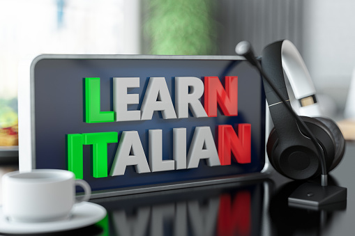 Learn Italian Online Course Concept with a Headset and Microphone . 3D Render