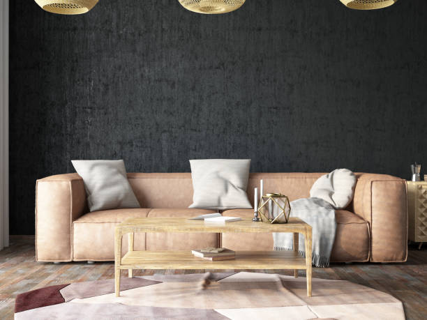 istock Bozy Living Room Interior with a Leather Sofa and Black Concrete Wall 1470486256