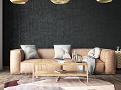 Bozy Living Room Interior with a Leather Sofa and Black Concrete Wall