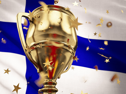 Finland Championship Concept Star Shaped Confetti Falling Onto A Gold Trophy Cup with Finnish Flag. 3D Render