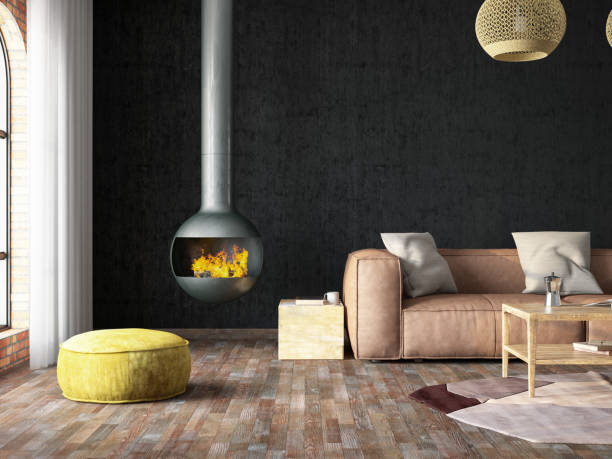 istock Cozy Living Room with a Leather Sofa Fire Place and Dark Concrete Wall 1470488285