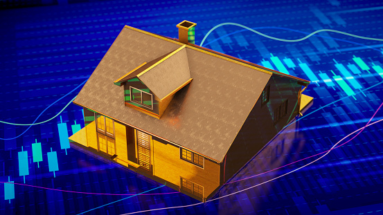 Real Estate Value Concept with an House and Prices Chart. 3D Render