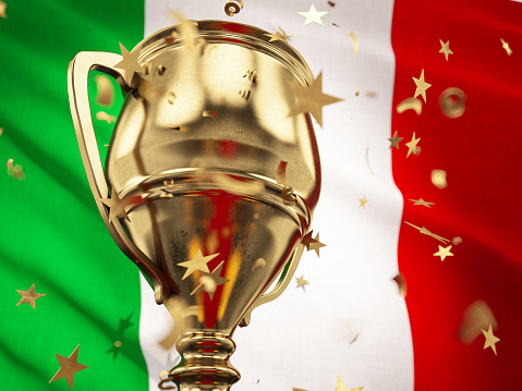 Italy Championship Concept Star Shaped Confetti Falling Onto A Gold Trophy Cup with Italian Flag. 3D Render