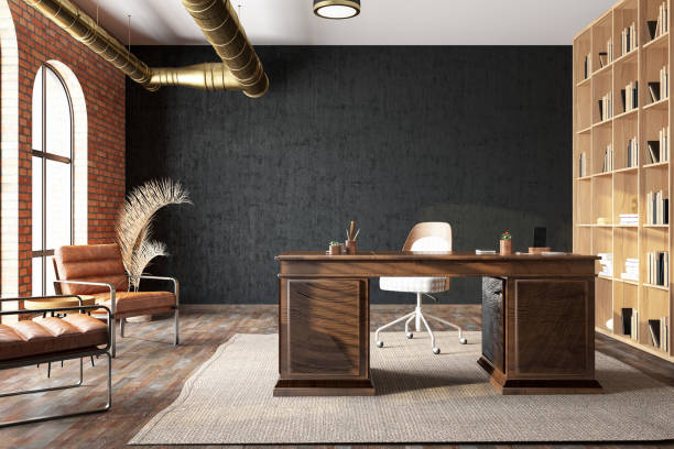 Cozy Office with a Wooden Desk and a Library
