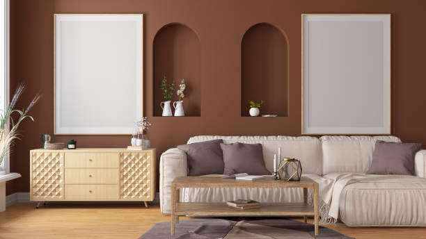 istock Modern Scandinavian Style Living Room with Two Empty Mock-Up Picture Frames 1470489226