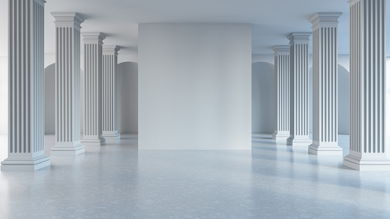 White Corridor Perspective with Empty Wall. 3D Render