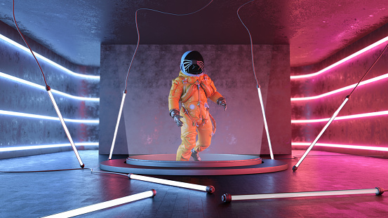 Astronaut Floating Above a Portal with Neon Lights. 3D Render