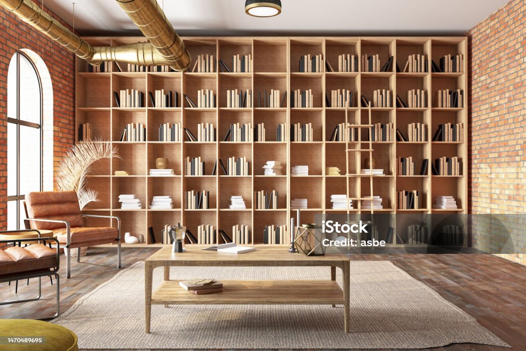 Reading Room Or Library Interior With Leather Armchair and Bookshelf Reading Room Or Library Interior With Leather Armchair and Bookshelf. 3D Render Backgrounds Stock Photo