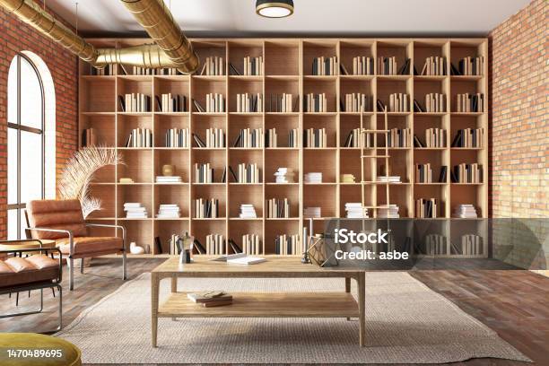 Reading Room Or Library Interior With Leather Armchair And Bookshelf Stock Photo - Download Image Now