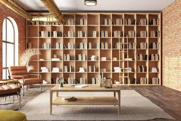 Photo of Reading Room Or Library Interior With Leather Armchair and Bookshelf