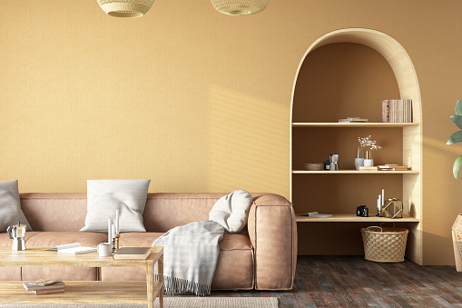 Retro Style Living Room with Leather Sofa and Beige Walls. 3D Render