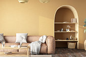 Retro Style Living Room with Leather Sofa and Beige Walls