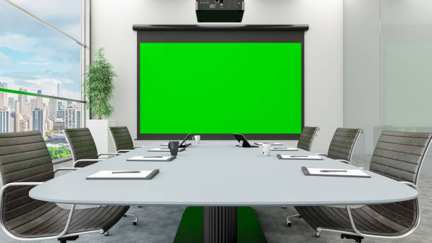 istock Modern Board Room with Mock Up Chroma Key Green Projection Screen 1470493620