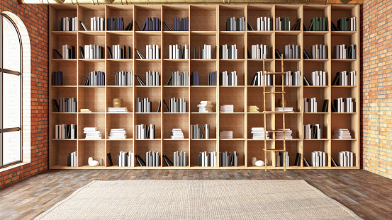 Home Library Concept Wooden Bookshelves Filled with Books . 3D Render