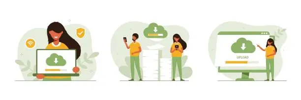 Vector illustration of Cloud technology illustration concept set. People exchanging files via Internet. Cloud service, online data storage and transfer, information backup. Modern flat vector illustration.