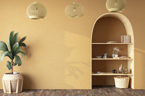 istock Empty Beige Wall with Stylish Home Accessories in a Boho Style Room 1470494254