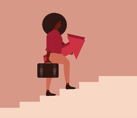 African American woman climbs up the stairs and holds arrows to reach her objective. Businesswoman goes up the staircase of her career. Black community matters and business women empowerment concept.