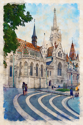 Matthias Church (aka The Church of the Assumption of the Buda Castle) in Budapest, Hungary. Watercolor painting, architectural sketch.