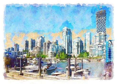 Beautiful view of Vancouver, British Columbia, Canada. Digital imitation of watercolor painting. Granville Island Cityscape View.