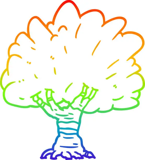 Vector illustration of rainbow gradient line drawing of a Cartoon tree