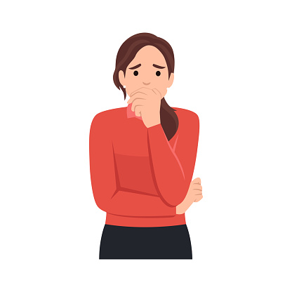 Feeling worried and frustration concept. Young irritated frustrated woman cartoon character standing touching chick looking at camera vector illustration