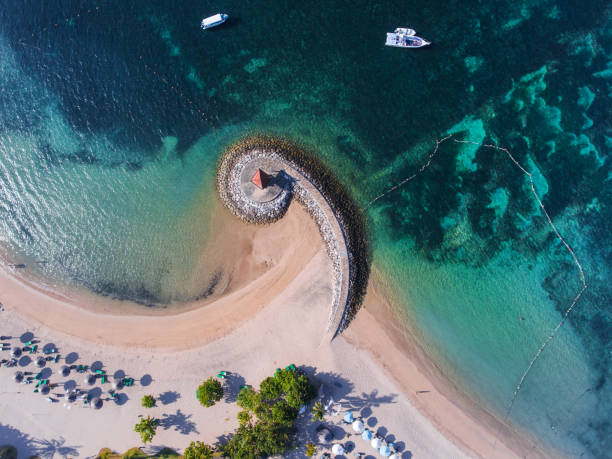 istock Bali paradise beach with a figure breakwater. Aerial view 1470498612
