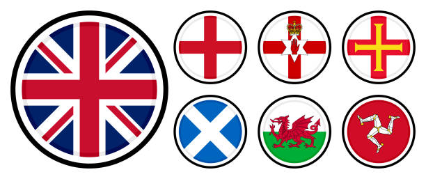 zestaw okrągłych ikon flagi. flagi zjednoczonego królestwa, anglii, irlandii północnej, walii, szkocji, wyspy man i guernsey. izolowany na białym tle - flag welsh flag northern ireland flag republic of ireland stock illustrations