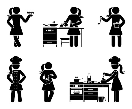 Stick figure chef cook girl vector set. Female person cooking grilled chicken, pie, soup at home restaurant kitchen icon sign pictogram