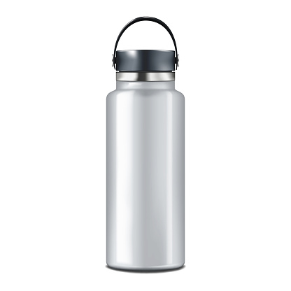 Blank insulated water bottle isolated on white background realistic vector mockup. Stainless steel shiny metal sport flask mock-up. Template for design