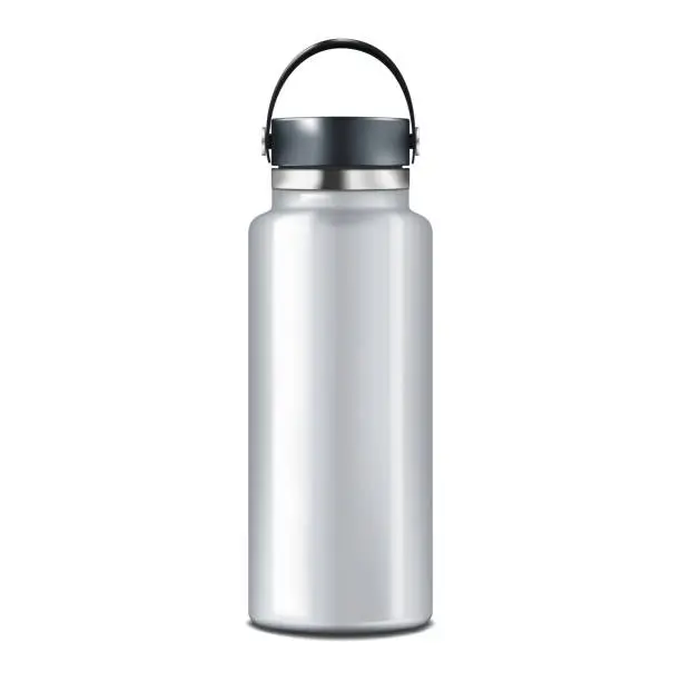 Vector illustration of Blank insulated water bottle isolated on white background realistic vector mockup. Stainless steel shiny metal sport flask mock-up. Template for design