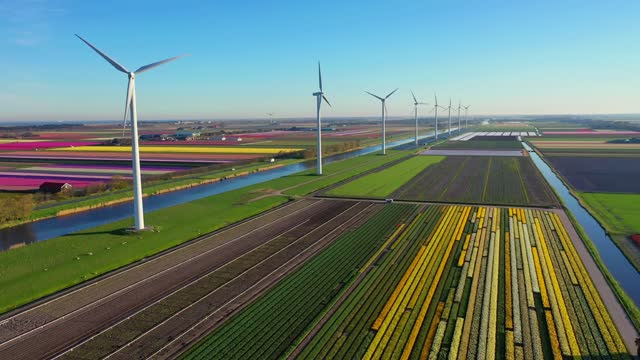 Wind power generation. Clean energy concept. Wind tubines in Holland