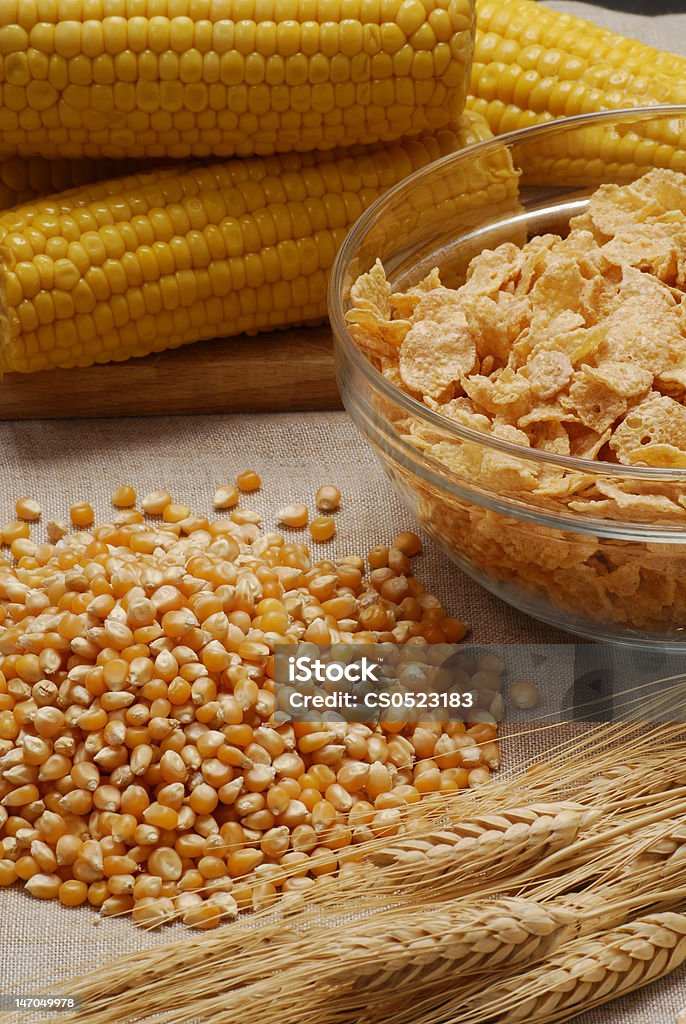 Corn health. \r\nComposition of corn, ears of barley and corn flakes in a bowl. Barley Stock Photo