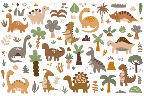 Vector illustration of Set of cute dinosaurs and tropical plants. Vector illustration isolated on white background for your design