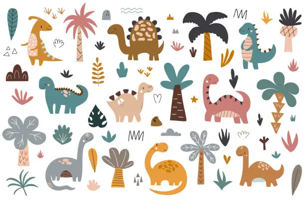 Vector illustration of Set of cute dinosaurs and tropical plants. Vector illustration isolated on white background for your design