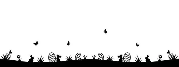 Vector illustration of egg hunt, Easter background, black silhouette of bunnies, easter eggs, butterflies, flowers, panoramic vector illustration, Ostern, Ostermotiv Hintergrund