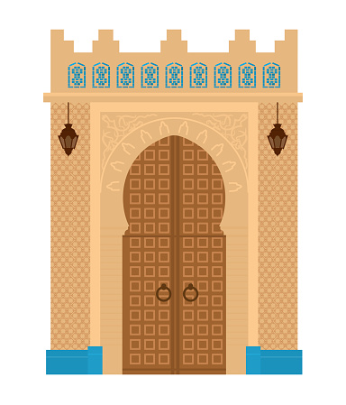 Arabian arch with mosaics. Middle east architecture elements. Ancient gates. Flat vector illustration isolated on white.