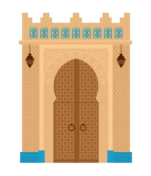 Vector illustration of Arabian arch with mosaics. Middle east architecture elements. Ancient gates. Flat vector illustration isolated on white.