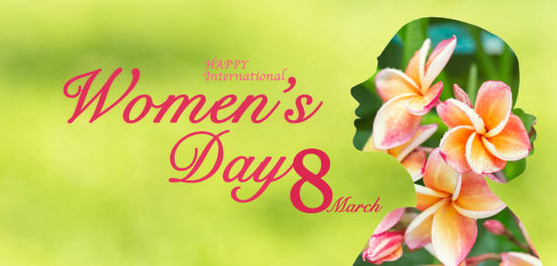 Happy international women's day card idea, flower women on blurred green nature background, women's day greeting card