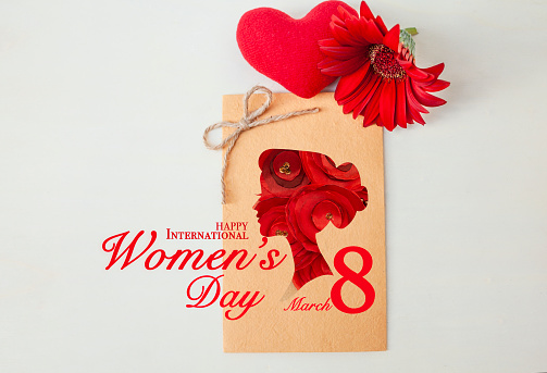 Happy international women's day card idea, flower women on paper card with red flower and red heart on white background, women's day greeting card