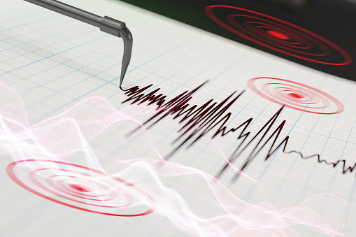 Seismograph Printing Seismic Activity After an Earthquake. 3D Render