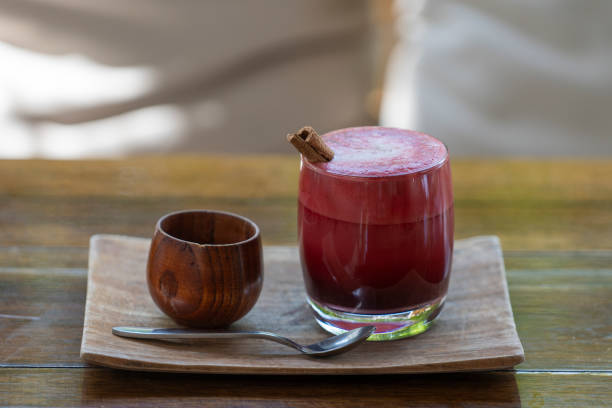 istock Glass of beetroot vanilla latte from fresh beetroot juice blended with vanilla and coconut milk 1470508078