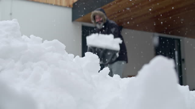 SLO MO LD Man shovelling snow and throwing it into the camera