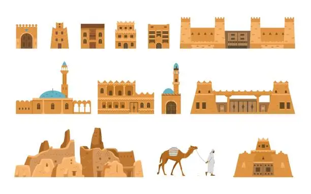 Vector illustration of Saudi Arabia authentic architecture vector illlustrations set. Traditional ancient Arabian houses, village, gates, mosque, beduin with camel.
