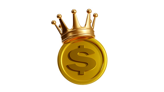 Golden dollar coin icon with crown, Money investment concept, 3D rendering
