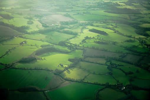 Aerial view of English patchwork landscape.